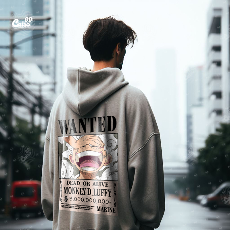 Wanted Monkey D Luffy Dead or Alive هودي اوفر سايز قطن باللون الرمادي