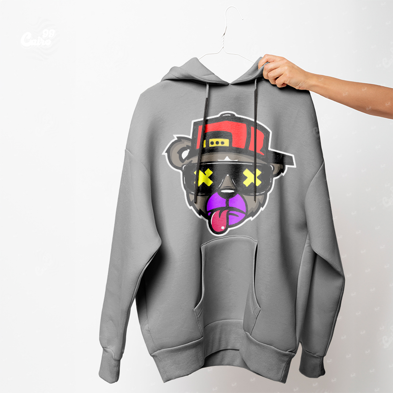 Bear Graffiti هودي اوفر سايز قطن  باللون الرمادي للنساء