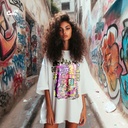 colorful print تيشيرت اوفر سايز قطن باللون الأبيض