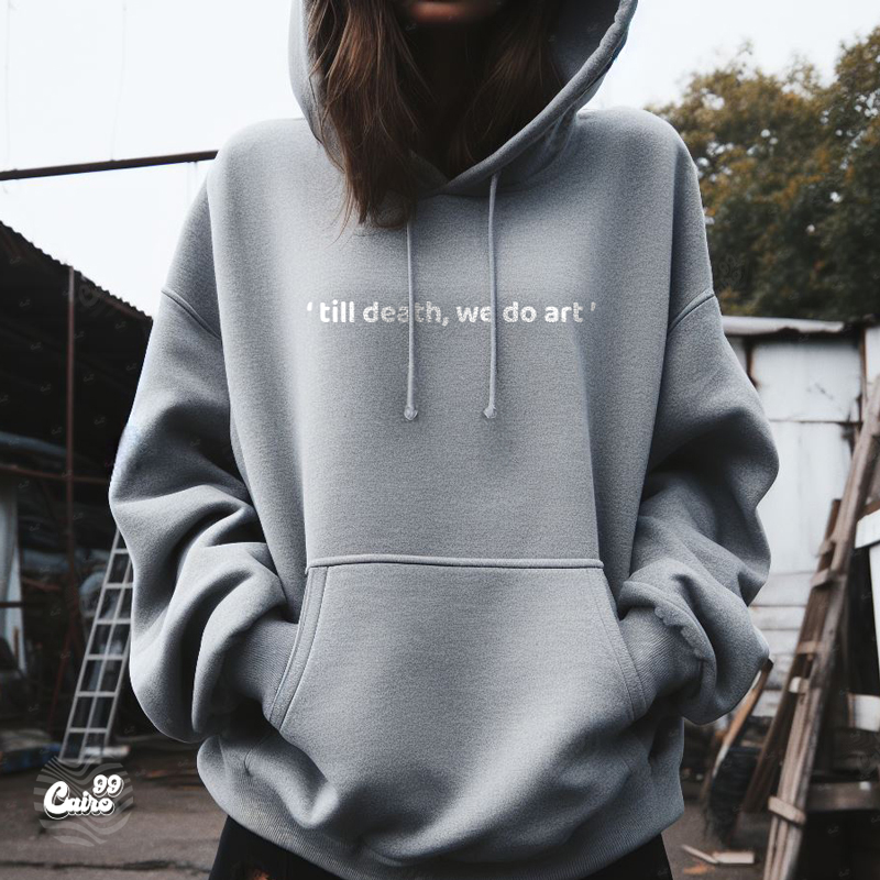 Till Death We Do Art هودي اوفر سايز قطن  باللون الرمادي