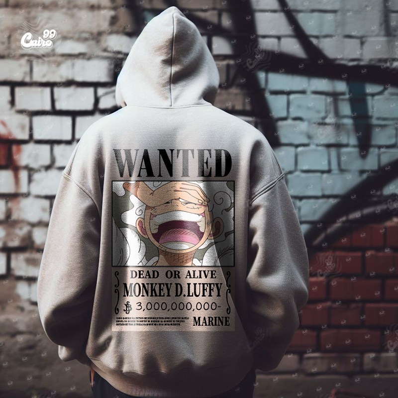 Wanted Monkey D Luffy Dead or Alive هودي اوفر سايز قطن باللون الرمادي