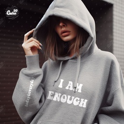 I am Enough هودي اوفر سايز قطن  باللون الرمادي  