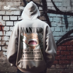 Wanted Monkey D Luffy Dead or Alive هودي اوفر سايز قطن باللون الرمادي