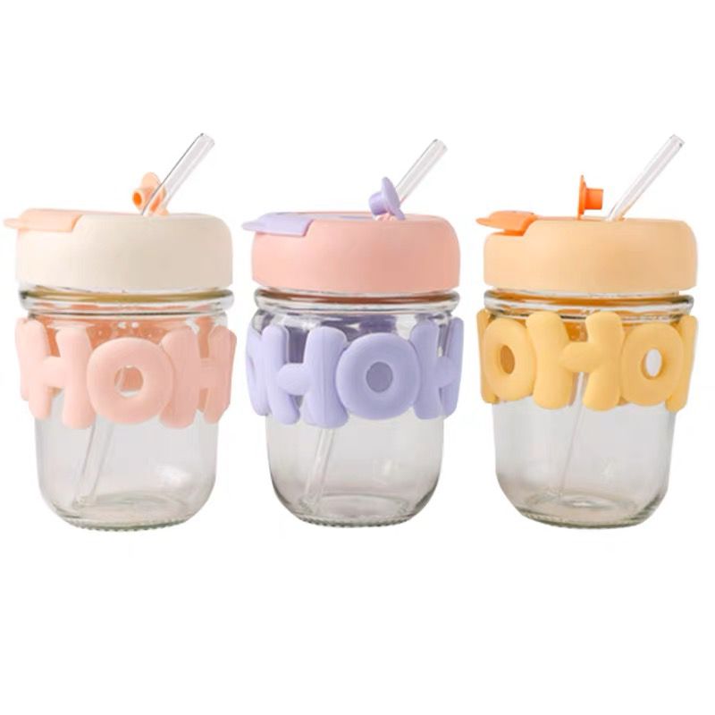 Cute glass double drinking cup with Lid &amp; Straw &amp;  for Water &amp; Juice 400 ml