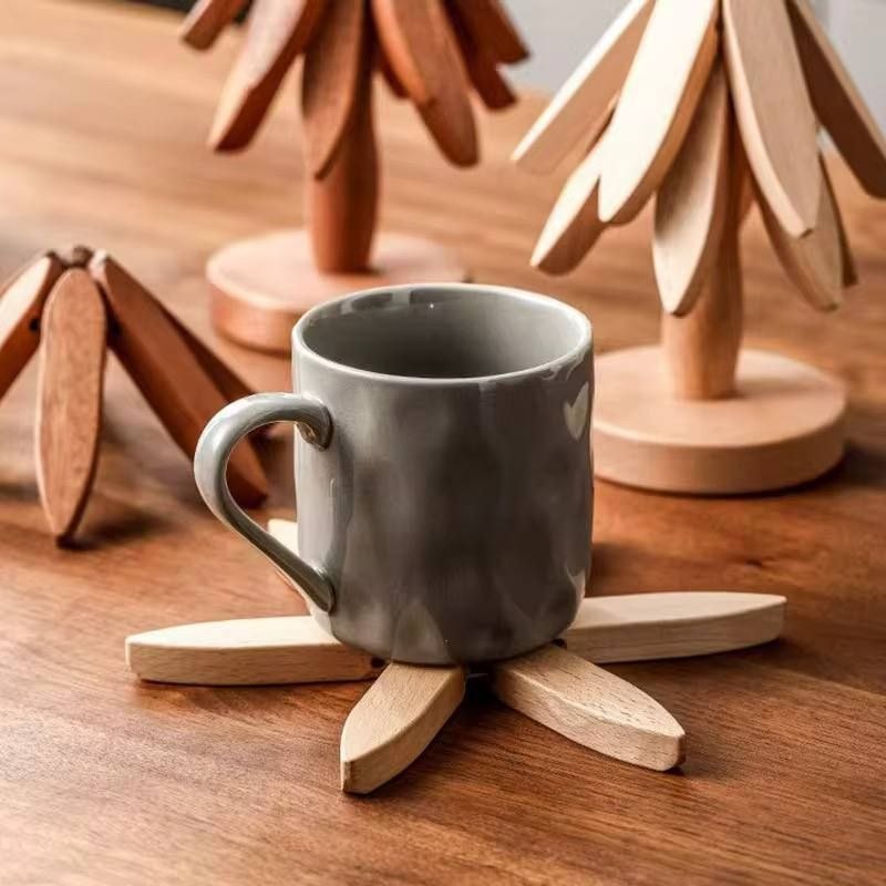 طقم كوستر خشب عازل للحرارة بتصميم شجرة مع استاند – 5 قطع
