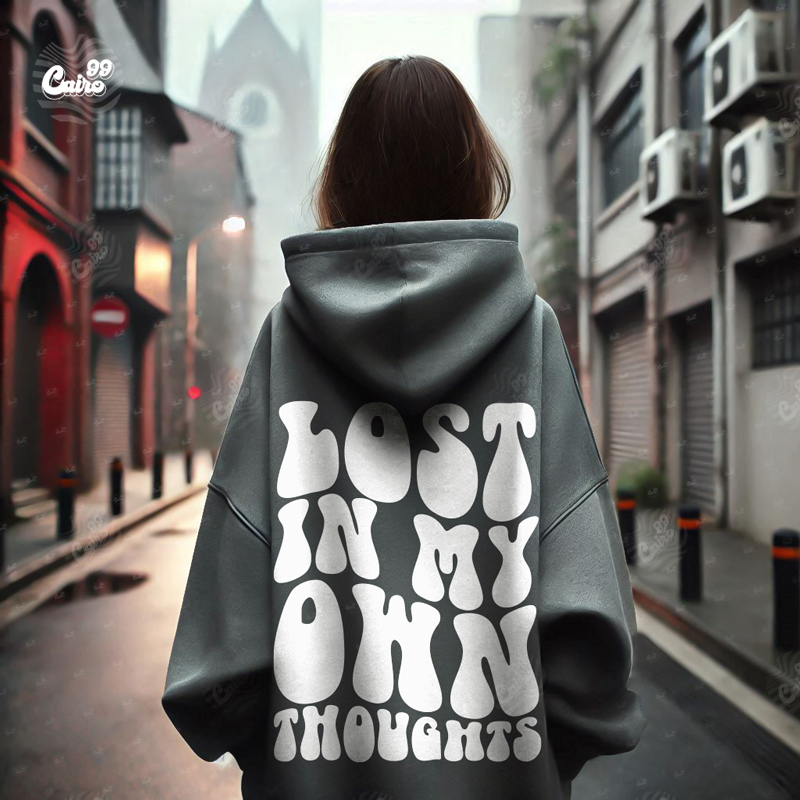 Lost in My Own Thoughts هودي اوفر سايز قطن باللون الرمادي