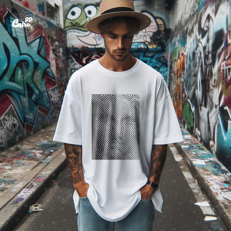 Maze Print تيشيرت اوفر سايز قطن باللون الابيض للرجال