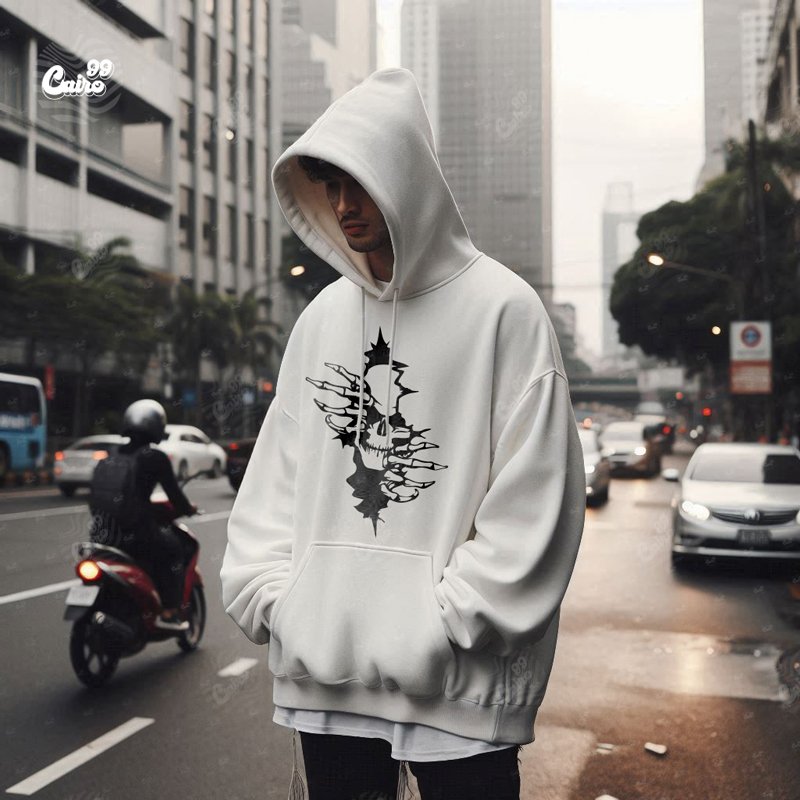 Skull Rip Vibe هودي اوفر سايز قطن للرجال باللون الأبيض