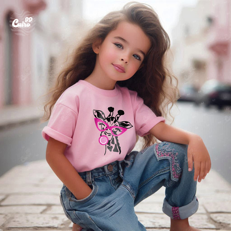 Giraffe with Gumتيشيرت اطفال قطن باللون البينك
