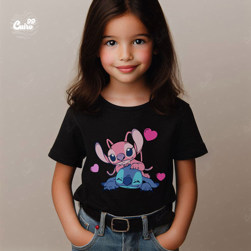 Stitch &amp; Angel Vibes تيشيرت اطفال قطن باللون الاسود