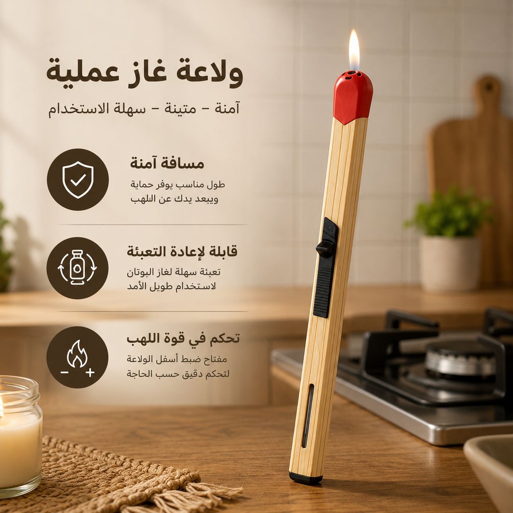 ولاعة غاز على شكل عود كبريت قابلة لإعادة التعبئة