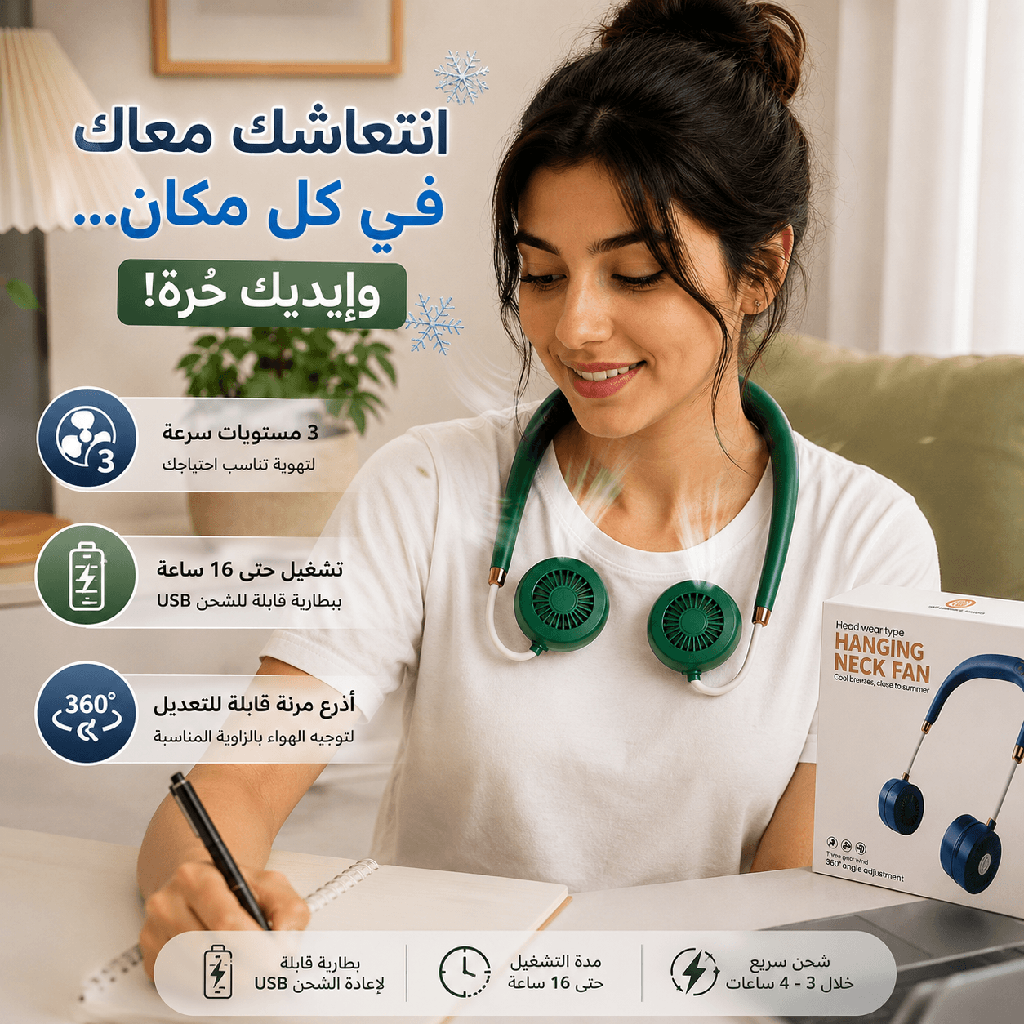 مروحة رقبة محمولة قابلة لإعادة الشحن 3 سرعات بتصميم مريح