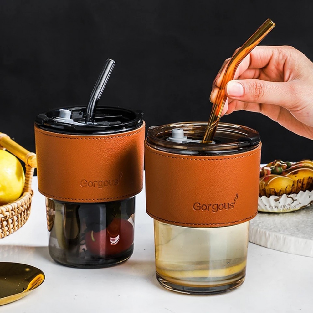 Elegant Glass Cup Leather Sleeve Straw with Sealed Lid 450 ml