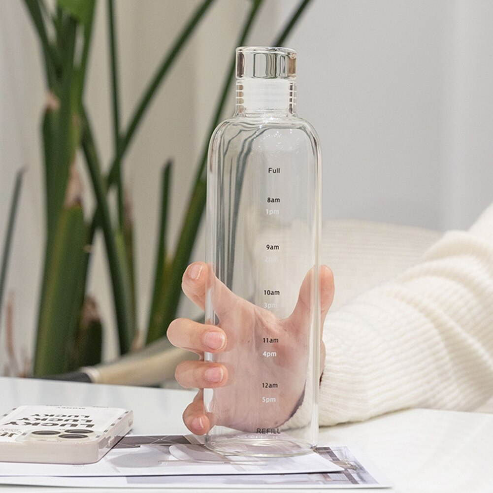 Glass Water Bottle showing Hours Scale to Motivate water Drinking 500 ml