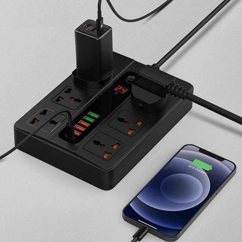 مشترك كهرباء 6 منافذ مع 6 مخارج يو اس بي و تايب سي 2500 واط