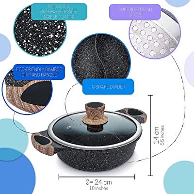 حلة جرانيت ثقيل غير لاصق مقسمة لجزئين بمقبض خشبي بغطاء اكليريك 24 سم