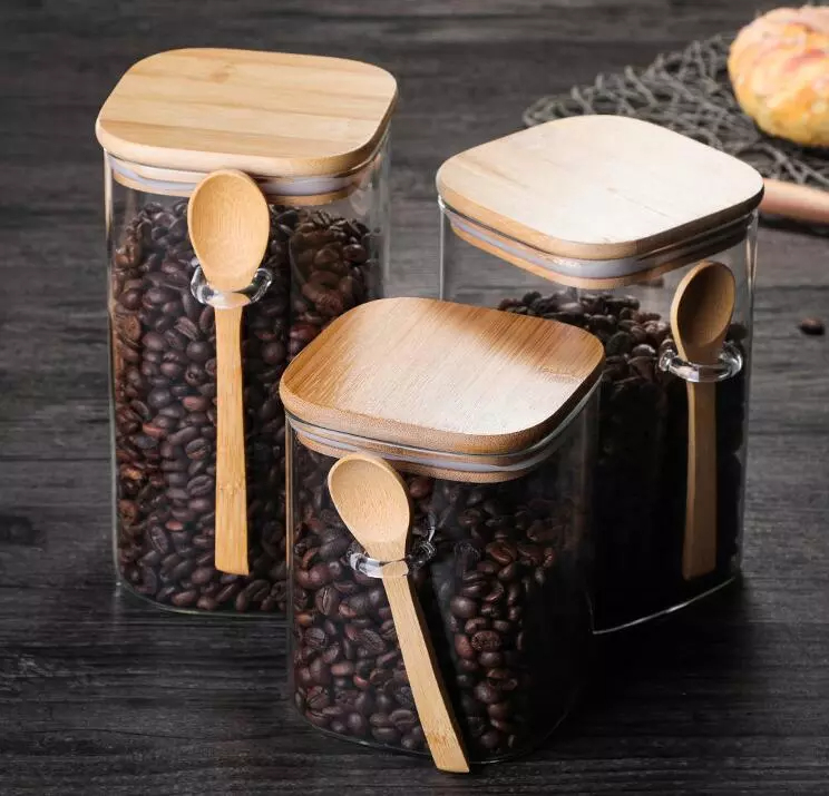 برطمان زجاجي بغطاء خشبي ومعلقة لحفظ وتخزين الحبوب والبقوليات والتوابل متعدد الاستخدام