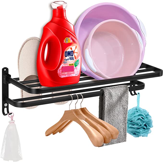 رف مزدوج لحمل وتنظيم الفوط وادوات الحمام بهوكات من الاستانليس قابل للطي