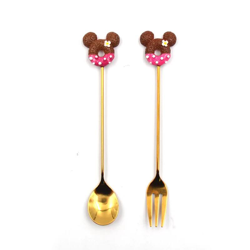 طقم معالق وشوك ميكي ماوس 4 قطع استانليس مطلي باللون الذهبي