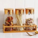 طقم حفظ وتنظيم البقوليات والمكسرات والكاندي 3 قطع زجاج شفاف بنقوش ذهبية مع حامل خشبي