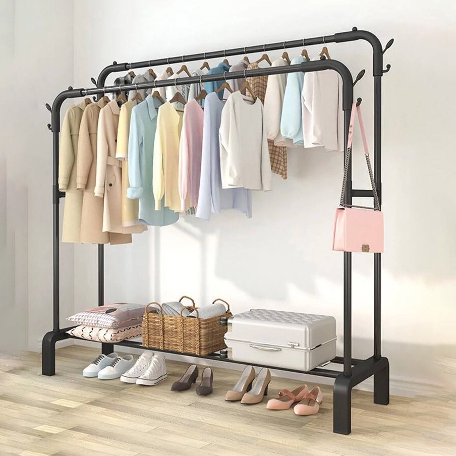 استاند ملابس زوجي بهوكات لحمل وتنظيم الملابس والأحذية والشنط والقبعات لغرف النوم والدريسنج