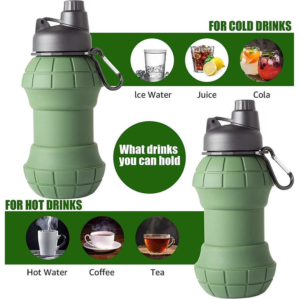 زجاجة مياه سيليكون للمشروبات الباردة والساخنة قابله للطي للرحلات والسفر وتسلق الجبال بميدالية لسهولة الحمل والتعليق 550 ملي