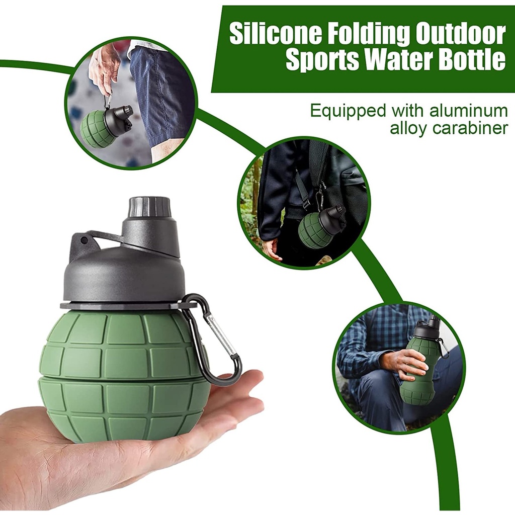 زجاجة مياه سيليكون للمشروبات الباردة والساخنة قابله للطي للرحلات والسفر وتسلق الجبال بميدالية لسهولة الحمل والتعليق 550 ملي