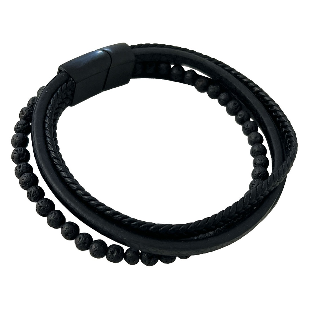 Men Black Leather 5 layers Bracelet Metal Black Lock