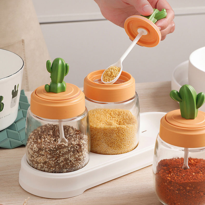 طقم توابل صبار زجاجي 3 قطع بحامل ومعالق لسهولة الاستخدام