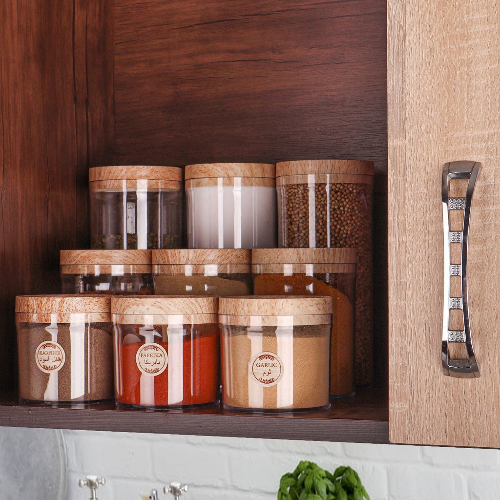 طقم علب اكليريك 9 قطع بمقاسات مختلفة لحفظ وتخزين الحبوب والبقوليات والتوابل والمكسرات