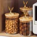 طقم برطمانات زجاج مطلي باللون العسلي 3 قطع باحجام مختلفة بغطاء خشبي بغزالة لحفظ وتنظيم الحبوب والبقوليات والتوابل