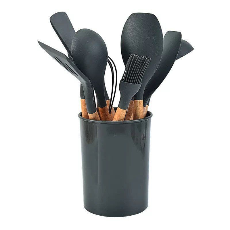 طقم توزيع سيليكون بيد خشب 12 قطعة بالحامل