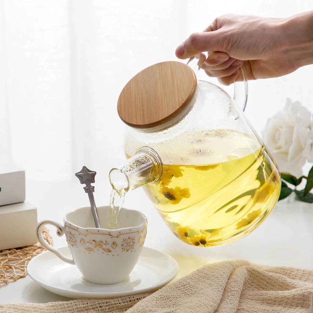 براد شاي زجاج شفاف 1800 ملي بغطاء خشبي ومصفاه داخلية للشاي والاعشاب