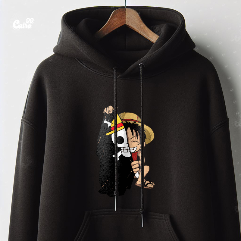 Crazy Luffy هودي اوفر سايز قطن باللون الأسود