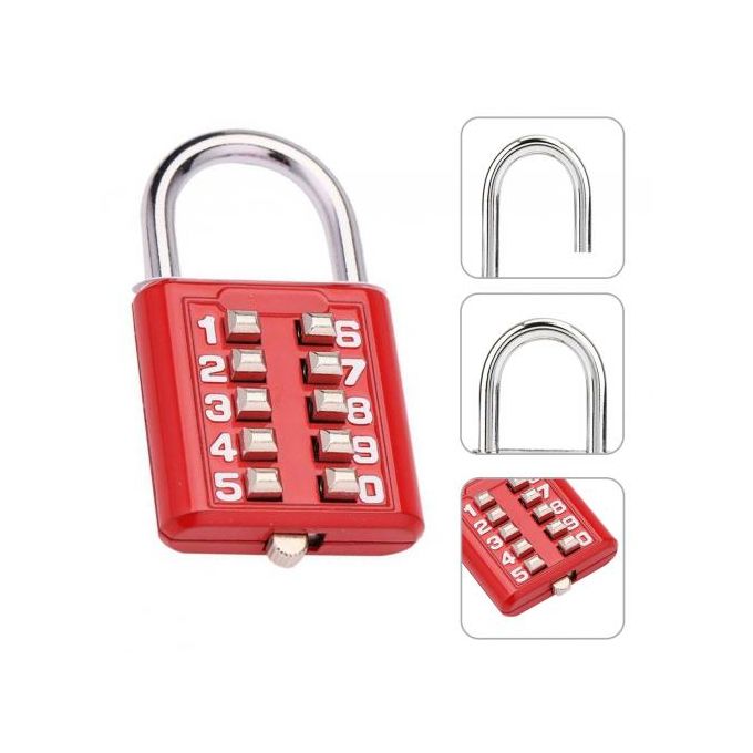 قفل امان ديجيتال معدني  بزرار ضغط مكون من 10 ارقام برقم سري 5 ارقام مقاوم للماء للخزائن والشنط والدراجات - احمر