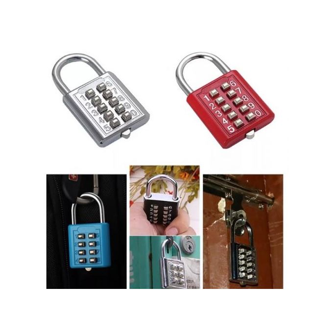 قفل امان ديجيتال معدني  بزرار ضغط مكون من 10 ارقام برقم سري 5 ارقام مقاوم للماء للخزائن والشنط والدراجات - احمر