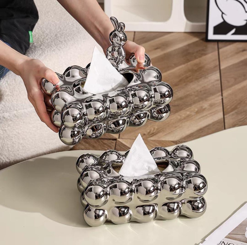 علبة مناديل انيقة من الستانليس ستيل شكل بابلز مزينة بارنوب مجسم مناسب لديكور الطاولة والكومود والبوفيه