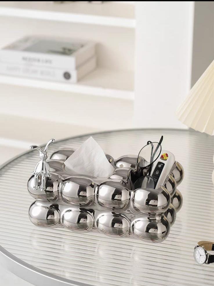 علبة مناديل انيقة من الستانليس ستيل شكل بابلز مزينة بارنوب مجسم مناسب لديكور الطاولة والكومود والبوفيه