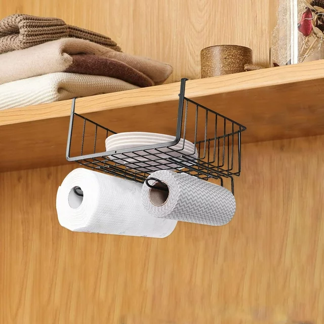 رف معدن للتخزين يعلق اسفل رف المطبخ مع 2 حامل للمناديل و الفوط و ادوات المطبخ