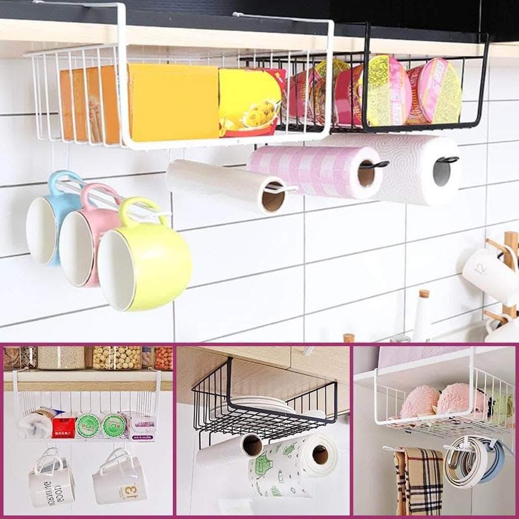 رف معدن للتخزين يعلق اسفل رف المطبخ مع 2 حامل للمناديل و الفوط و ادوات المطبخ