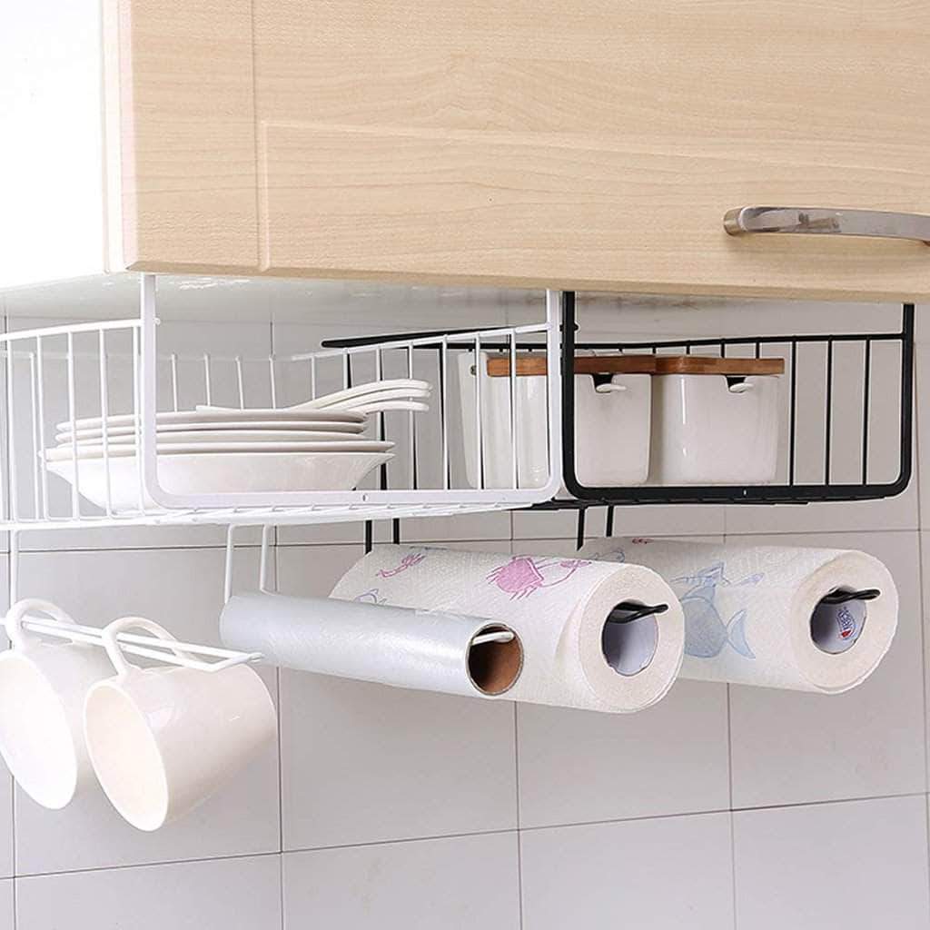 رف معدن للتخزين يعلق اسفل رف المطبخ مع 2 حامل للمناديل و الفوط و ادوات المطبخ