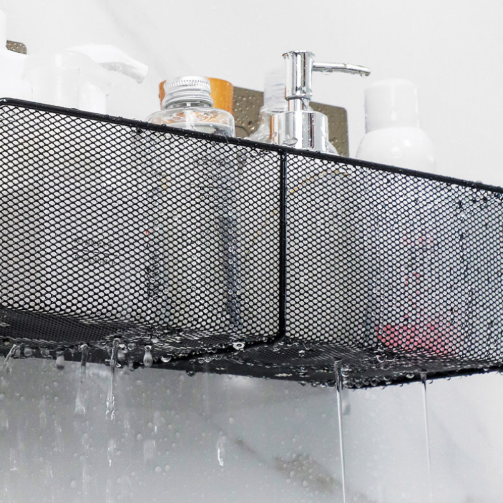 رف معدني شبك لحمل وتنظيم أدوات المطبخ والحمام مزود بدبل فيس قوي لسهولة التعليق