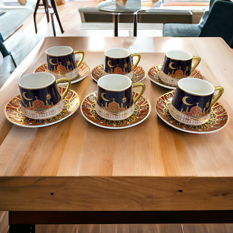 طقم فناجين شاي مزين برسومات رمضانية مع طبق للتقديم في رمضان 12 قطعة من البورسلين