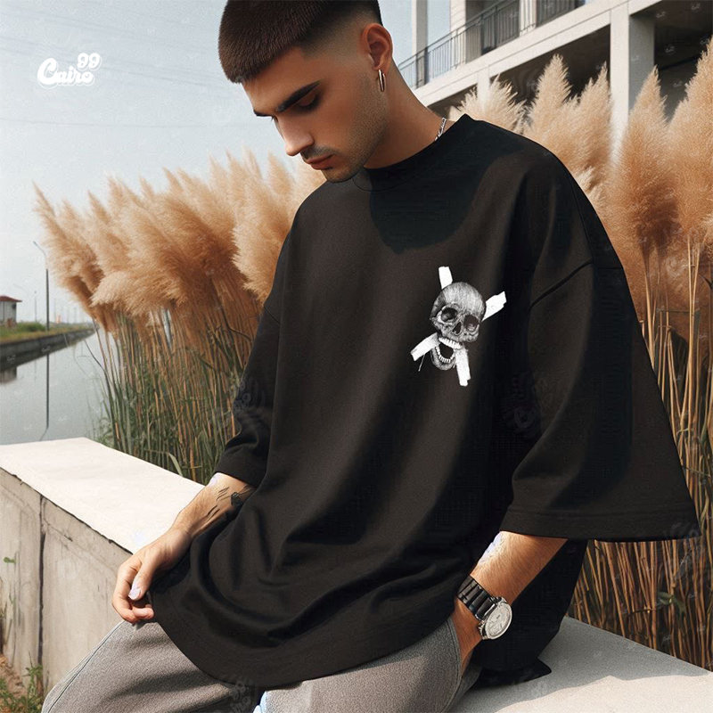 Victim Skull تيشيرت اوفر سايز قطن باللون الاسود للرجال