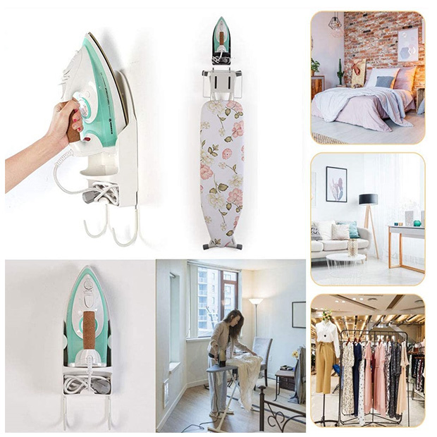 حامل المكواة الحائطي المميز بخطافات لحمل طاولة الكي وتوفير المساحة