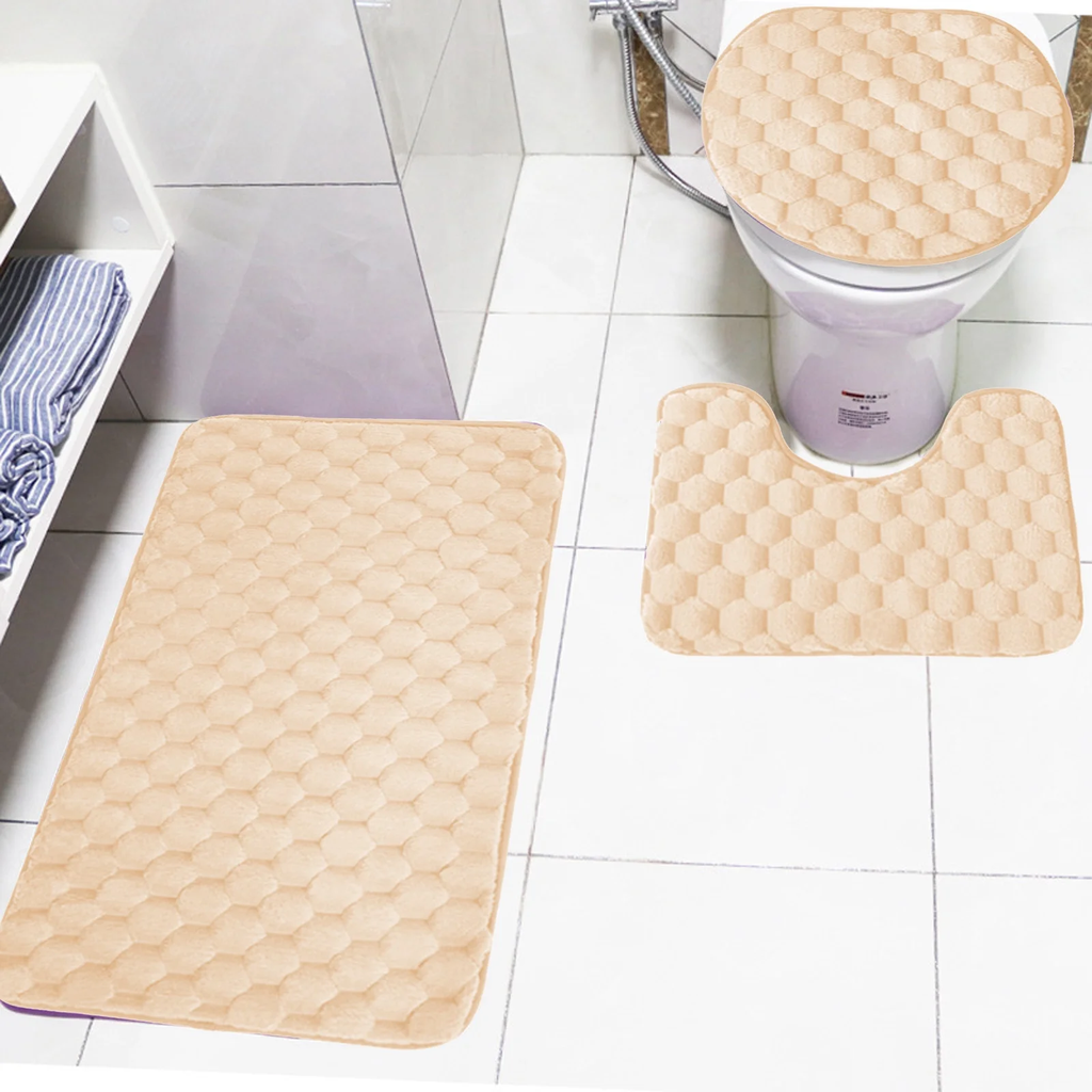 طقم دواسات قطيفة 3 قطع للحمام باللون البيج - مقاس 80*50 سم