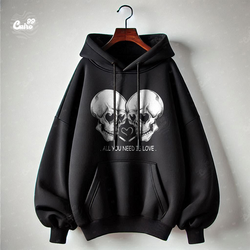 All You Need Is Love  هودي اوفر سايز قطن للرجال باللون الأسود