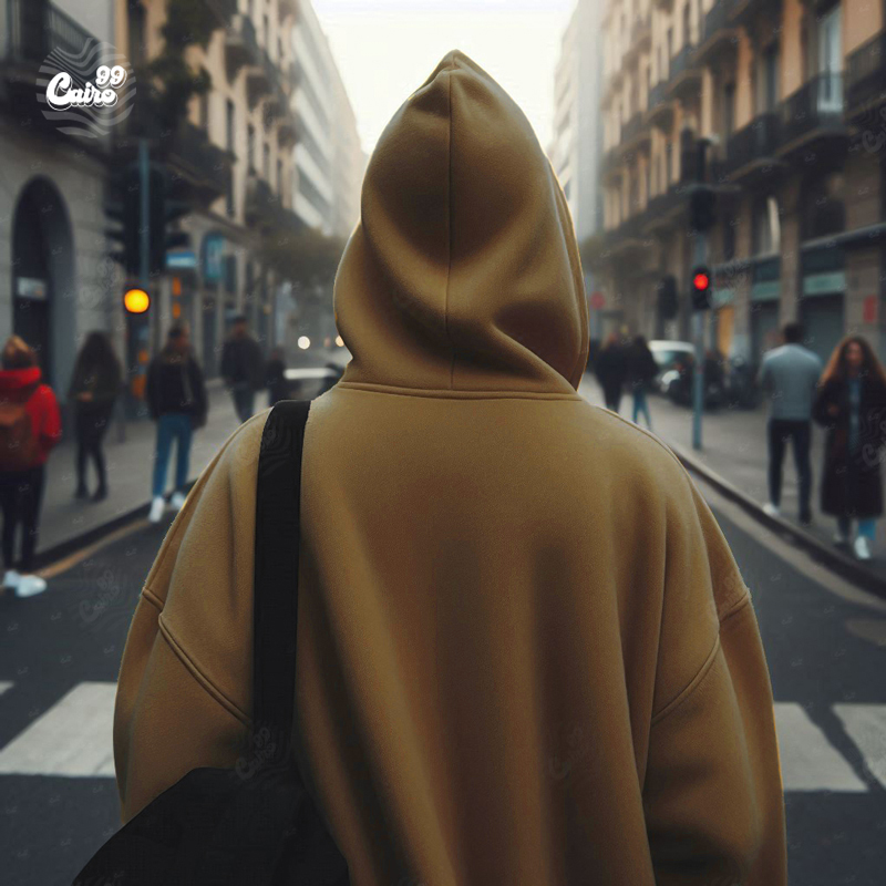 Cairo99 Embroidery هودي اوفر سايز قطن للرجال باللون البني