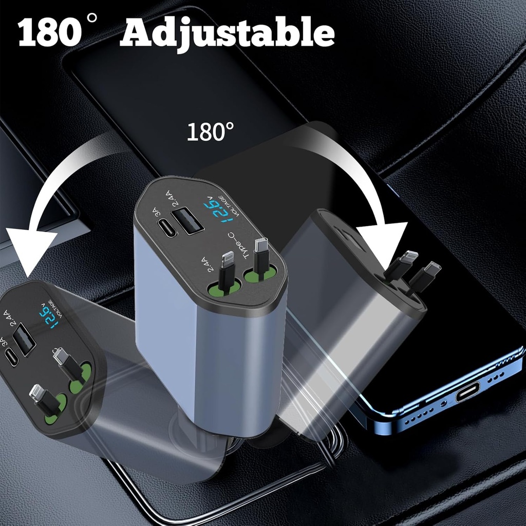 شاحن سيارة سريع للموبايلات 4*1 بكابلات قابلة للسحب ومنفذ يو اس بي - 120 واط