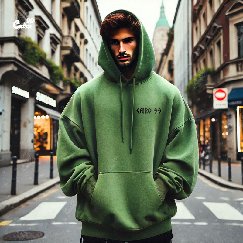 Skull SkateBoard هودي اوفر سايز قطن للرجال باللون الزيتوني